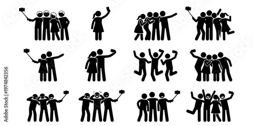 Stick figure people taking selfie photos, group of friends posing for mobile camera, collection of 12 black silhouette icons for social media