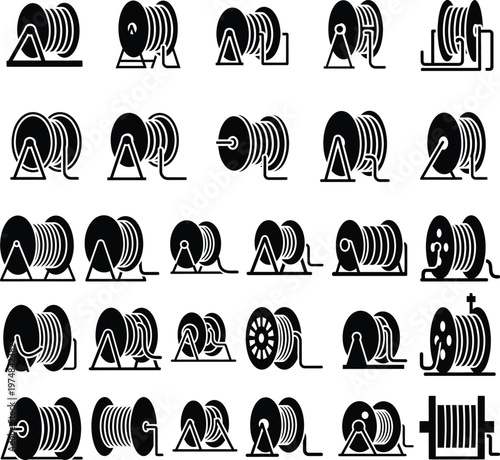 Set of cable and wire reel icons in flat black style with electric industry electrical extension