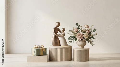 Mother and child sculpture with gift box and flower arrangement on pedestals