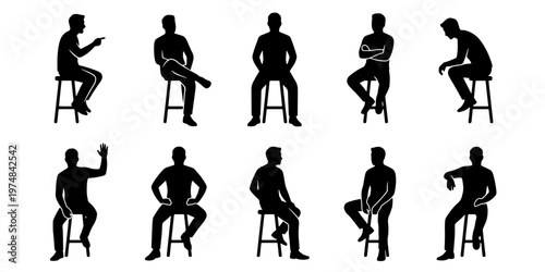 Black silhouettes of men sitting on bar stools, set of 10 male figures in various poses on chairs, flat vector icons for architectural visualization