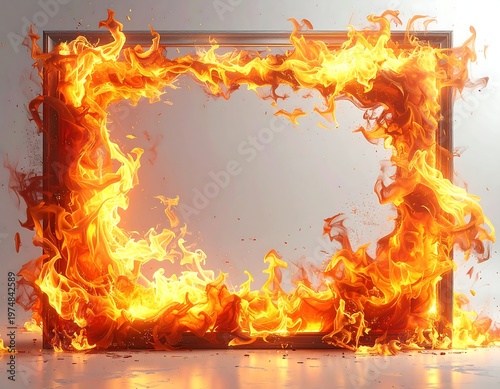 A square frame is engulfed in intense flames, casting a vibrant, fiery glow. The burning blaze forms a captivating border against a neutral background