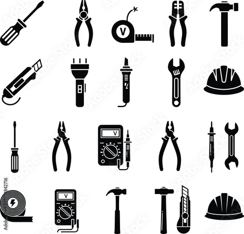 Set of electrician tools and electrical safety equipment icons with electrician, electrical