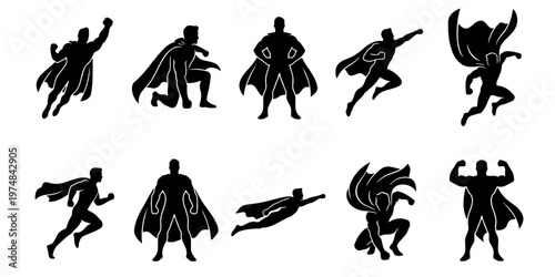 Superhero silhouette collection, set of 10 heroic male character icons in capes, flying and standing action poses, black vector graphics on white background