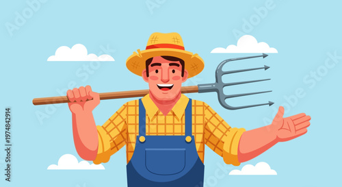 Farmer Holding Pitchfork Against Sky.