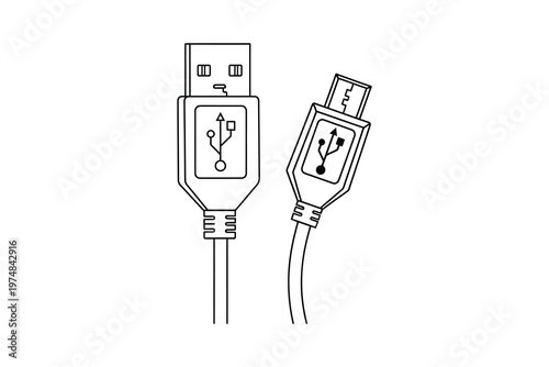 Illustration of USB and Micro USB connectors with cables, detailed tech drawing, white background, digital illustration, vector graphic