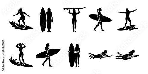 Surfing woman silhouette collection, set of 10 female surfer vector icons, girl surfing on waves and carrying surfboard, black beach sports graphics