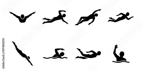 Swimming athlete silhouettes set, 8 black vector icons of swimmers in pool, professional swimmer strokes and diving poses for sports competition design