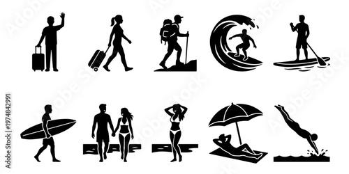 Summer travel and beach vacation icon set, black silhouette people enjoying outdoor activities, 10 vector elements for tourism and leisure design