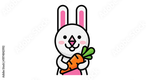 Cute cartoon rabbit holding an orange carrot.