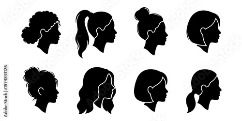 Minimalist woman profile silhouette set, 8 female head icons with various hairstyles, black side view portraits for beauty and fashion branding