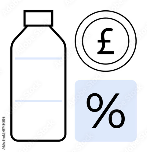 Consumer savings, product pricing, retail cost, economic value, financial planning, discount offers. Bottle outline, pound symbol and percentage sign. Consumer savings and product pricing concept