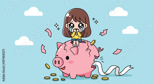 Sad crying girl sitting on a broken piggy bank with scattered coins and paper money, symbolizing financial loss