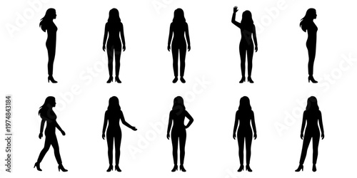 Black silhouette of woman standing and walking, set of 10 female silhouettes in various poses, vector collection of lady figures for architectural visualization