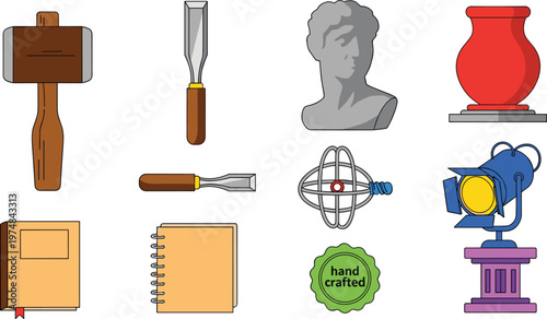 Handcrafted Art and Craft Tools Icons Featuring Hammer, Chisel, Sculpture, and Creative Objects for Makers and Artists
