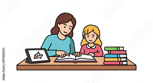Woman and girl studying together.