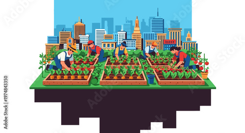 Urban Farming Cityscape Illustration People Working.