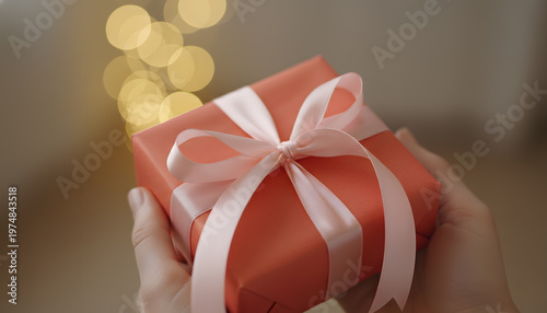 Hands holding a wrapped gift with a pink ribbon and bokeh lights