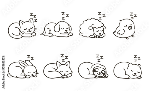 Cute Sleeping Animals Doodle Set Hand Drawn Kawaii Nap Pets Vector Illustration