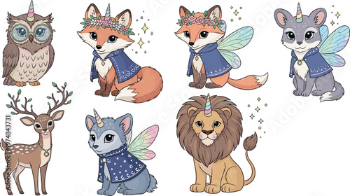 Cute magical forest animals collection with unicorn horns fairy wings cartoon characters whimsical nursery illustration set
