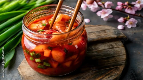 Traditional kimchi in a glass jar with chopsticks, spring onions, and blossom accents on rustic table