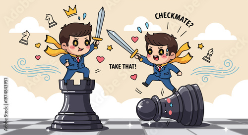 Two cartoon businessmen in suits fighting with swords on a chessboard, celebrating victory with a checkmate