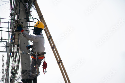 Electricians work on utility poles with safety as their top priority.