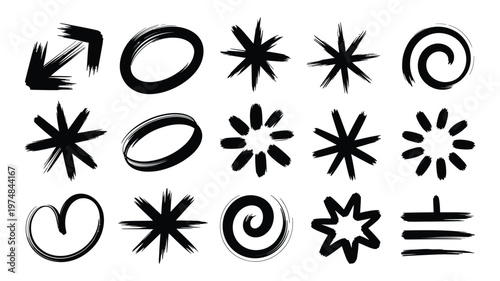 Set of black brush strokes with grunge texture various shapes collection of vector ink spots different shapes with rough edge.