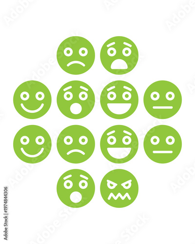 Collection of various emoji faces different emotions vector set of eleven green emoticons expressing happiness sadness anger.