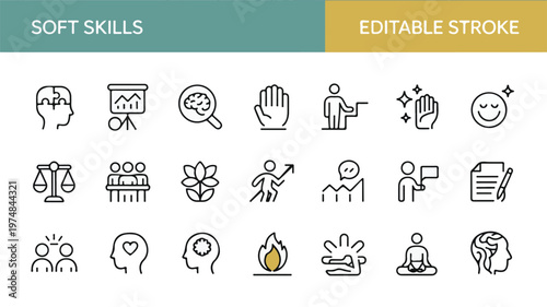 Soft Skills Icons: A collection of meticulously crafted icons represents essential soft skills, designed with a focus on usability and versatility.