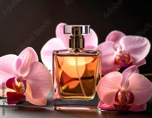 A square glass bottle holds golden liquid, framed by pink orchid blooms on a dark background. The scene is soft and elegant