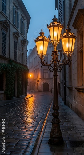 Illuminated Prague Street - A Nighttime View with Cobblestones and a Vintage Lamp.