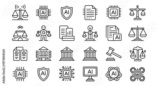 Legal and artificial intelligence icon set representing law, AI systems, machine learning, automation and regulatory technology for professional and digital use.
