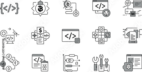 Software development and fintech icons set with coding blockchain payment systems cloud services and digital technology tools in modern flat vector illustration style