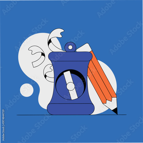 a manual pencil sharpener with a pencil and wood shavings, clean outline style, minimal design