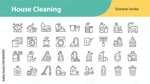 Cleaning Essentials: A curated collection of vector illustrations, a comprehensive suite of cleaning essentials. Each icon meticulously represents various aspects of housekeeping.