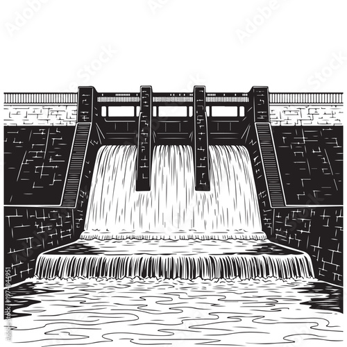 Monochromatic Illustration of a Dam with Flowing Water and Spillways