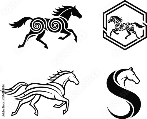 Creative horse and spider logo icons set featuring abstract stallion silhouettes, galloping mustang designs, equestrian sports symbols, arachnid emblems, and modern black vector illustrations.