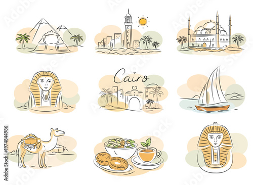 Cairo city,Egypt iconic landmarks minimalist line art in pastel hues collection,isolated background