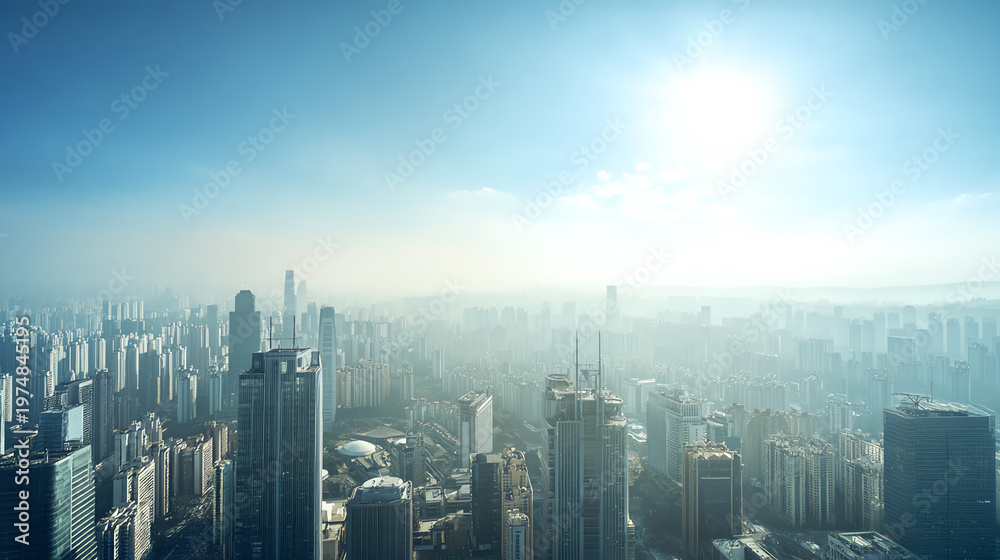 Fototapeta premium Impressive city skyline captured from above under a clear blue sky with scattered clouds in the horizon.