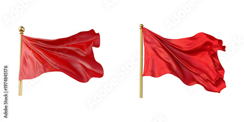 Two vibrant red fabric banners or flags waving in the wind with golden finials isolated on transparent background