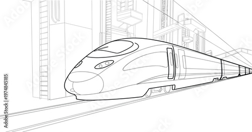 Futuristic high speed train line art vector illustration with modern railway station infrastructure, sleek black and white transport design for urban travel technology concept