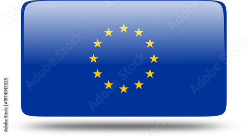 A round blue vector button icon featuring the yellow stars symbol of the European Union flag represents the national emblem and banner of the EU member states