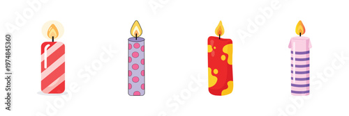 Birthday candle icon set. Colorful with burning Flame, festive cake, celebration flat vector illustration isolated on white background
