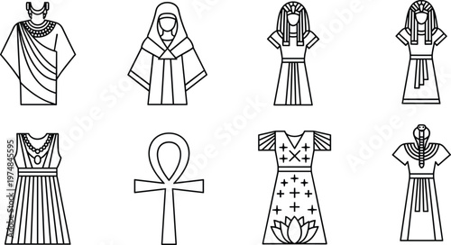 Set of ancient Egyptian vector icons featuring traditional dress outlines, pharaoh costumes, ankh symbols, lotus flower patterns, and historical ethnic apparel for cultural branding.