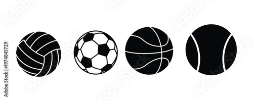 Sports Ball Icon Set — Volleyball, Soccer, Basketball and Tennis Silhouettes