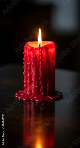 Illuminated Red Candle with Dripping Wax on Reflective Surface.