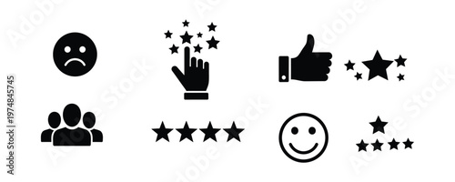 Customer Feedback and Rating Icon Set — Review, Stars, Like and Satisfaction Symbols