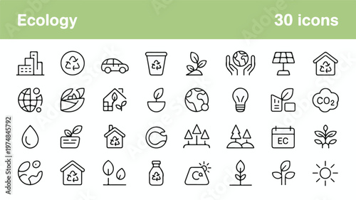Eco Icon Set: A comprehensive collection of ecological icons representing key concepts and symbols associated with sustainability, environmental protection, and green living. Clean.