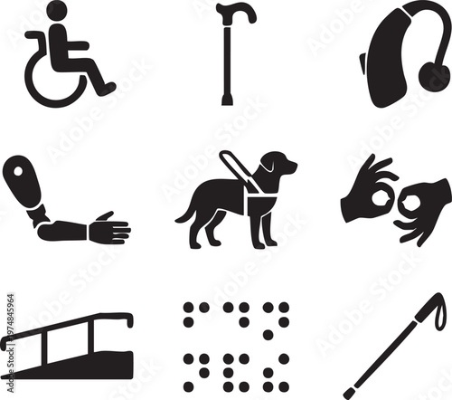 Comprehensive collection of accessibility icons illustrating support and assistance for people with diverse abilities and needs