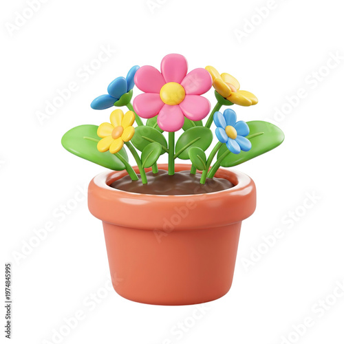 Colorful Plastic Flowers in Terracotta Pot 1.